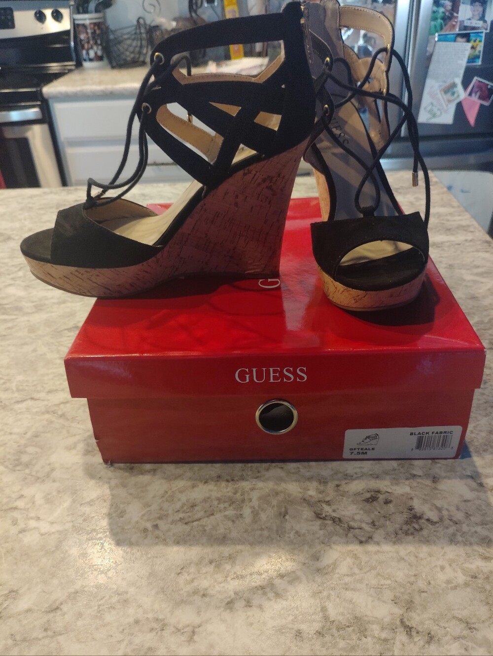 GUESS Black Suede Lace-Up Cork Wedge Sandals
